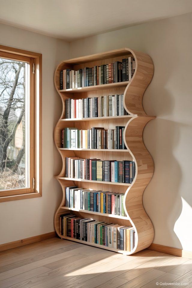 Unique Curved Bookshelf Design Ideas for Bedroom Statement Walls