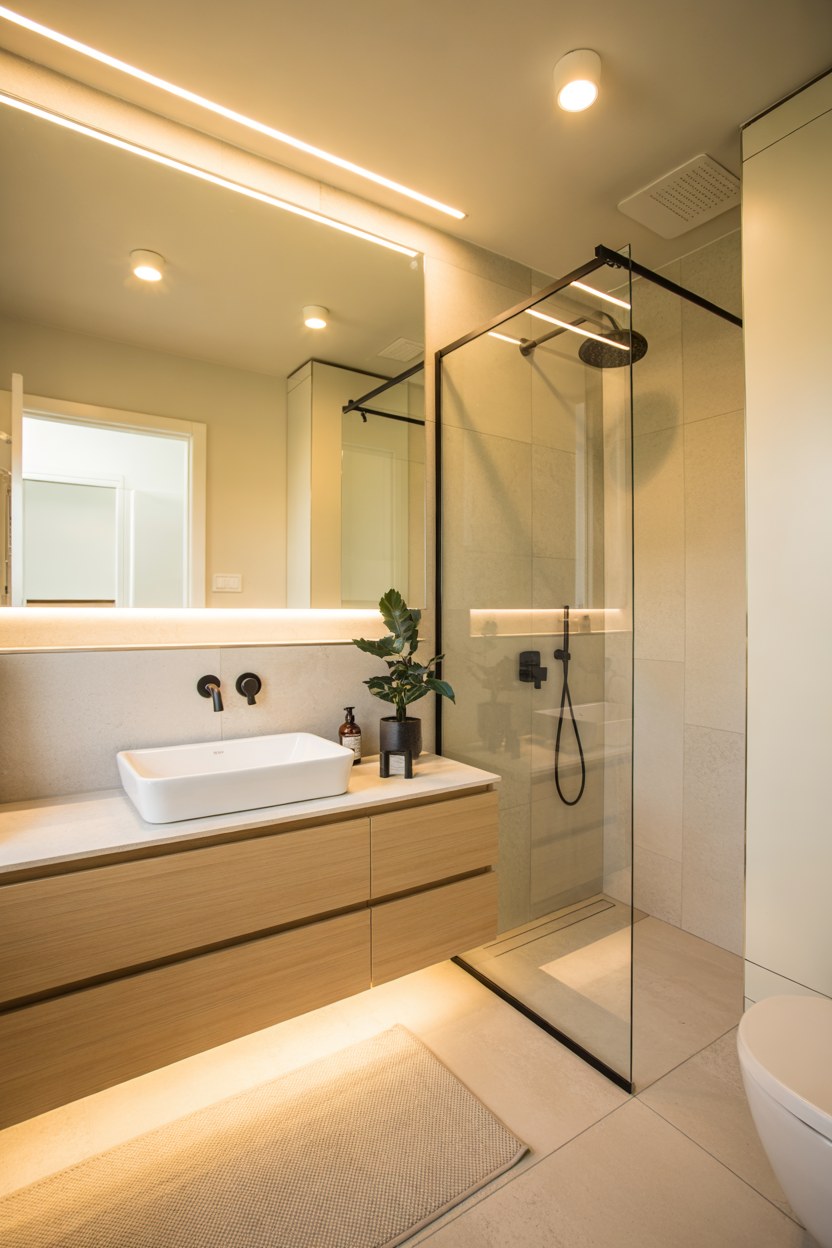 Modern Bathroom Design Ideas with Luxury Lighting and Glass Shower Enclosure
