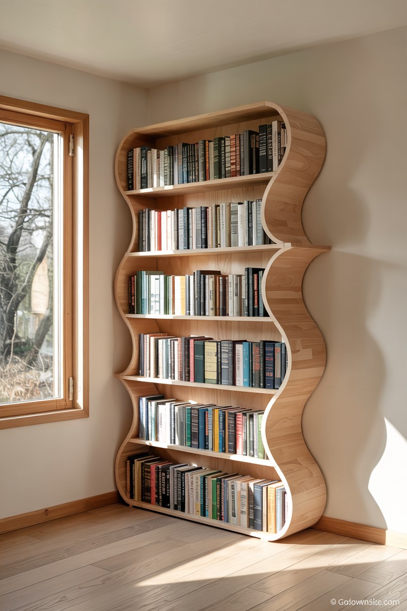 Unique Curved Bookshelf Design Ideas for Bedroom Statement Walls